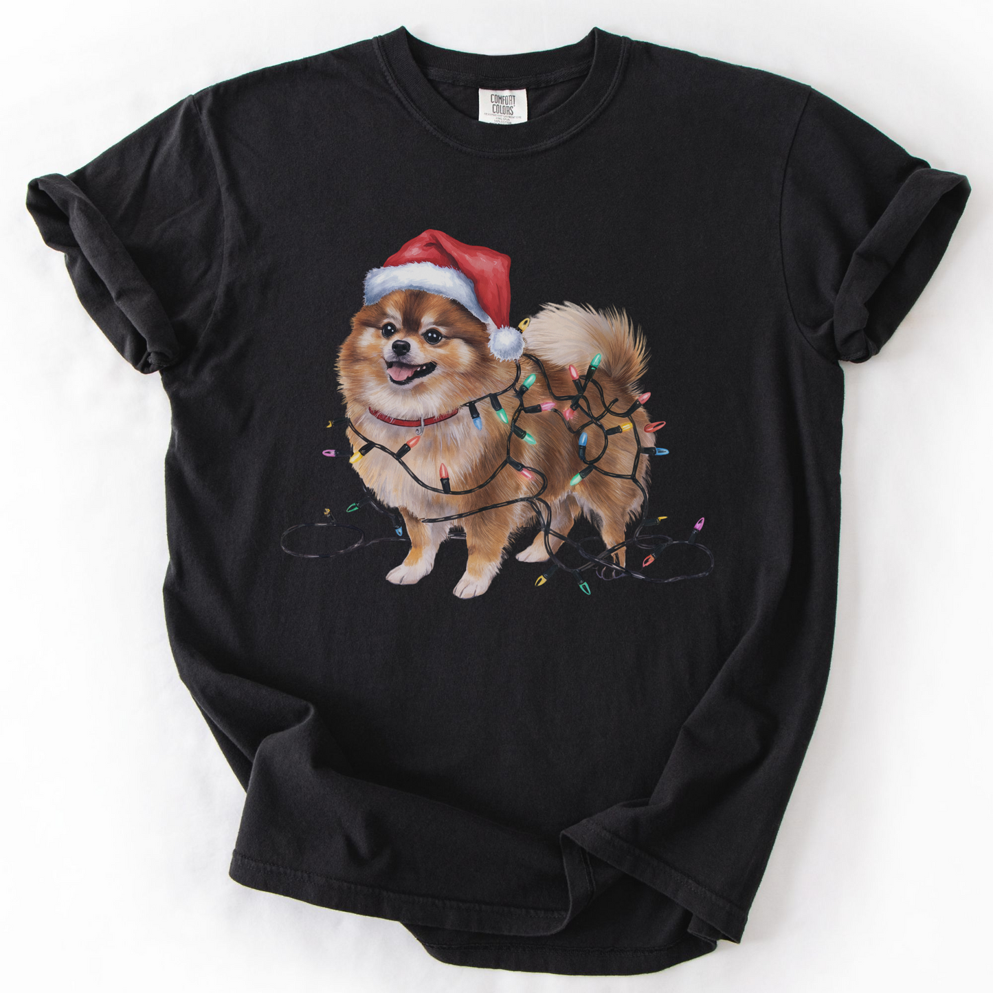 Pomeranian Christmas Lights Shirt, Festive Holiday Tee for Fluffy Dog Lovers