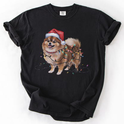 Pomeranian Christmas Lights Shirt, Festive Holiday Tee for Fluffy Dog Lovers