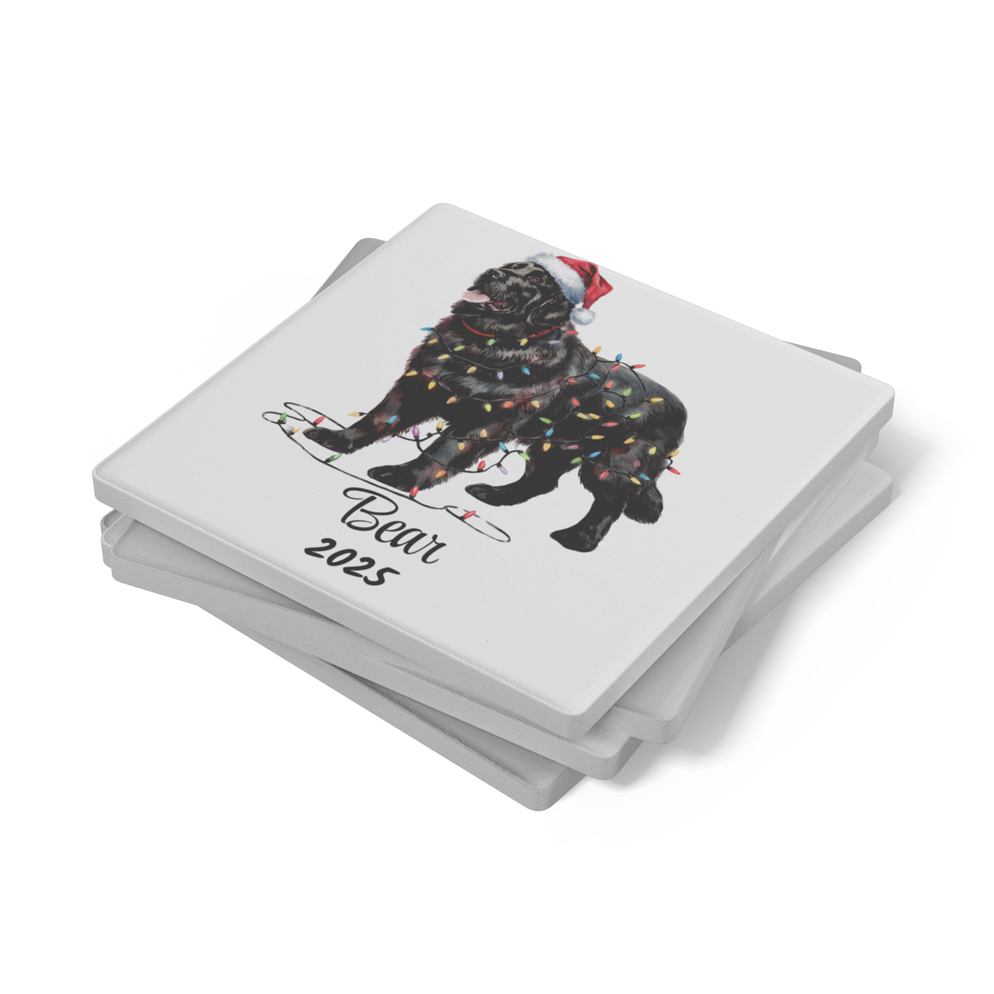 Black Newfoundland Christmas lights Dog Coasters