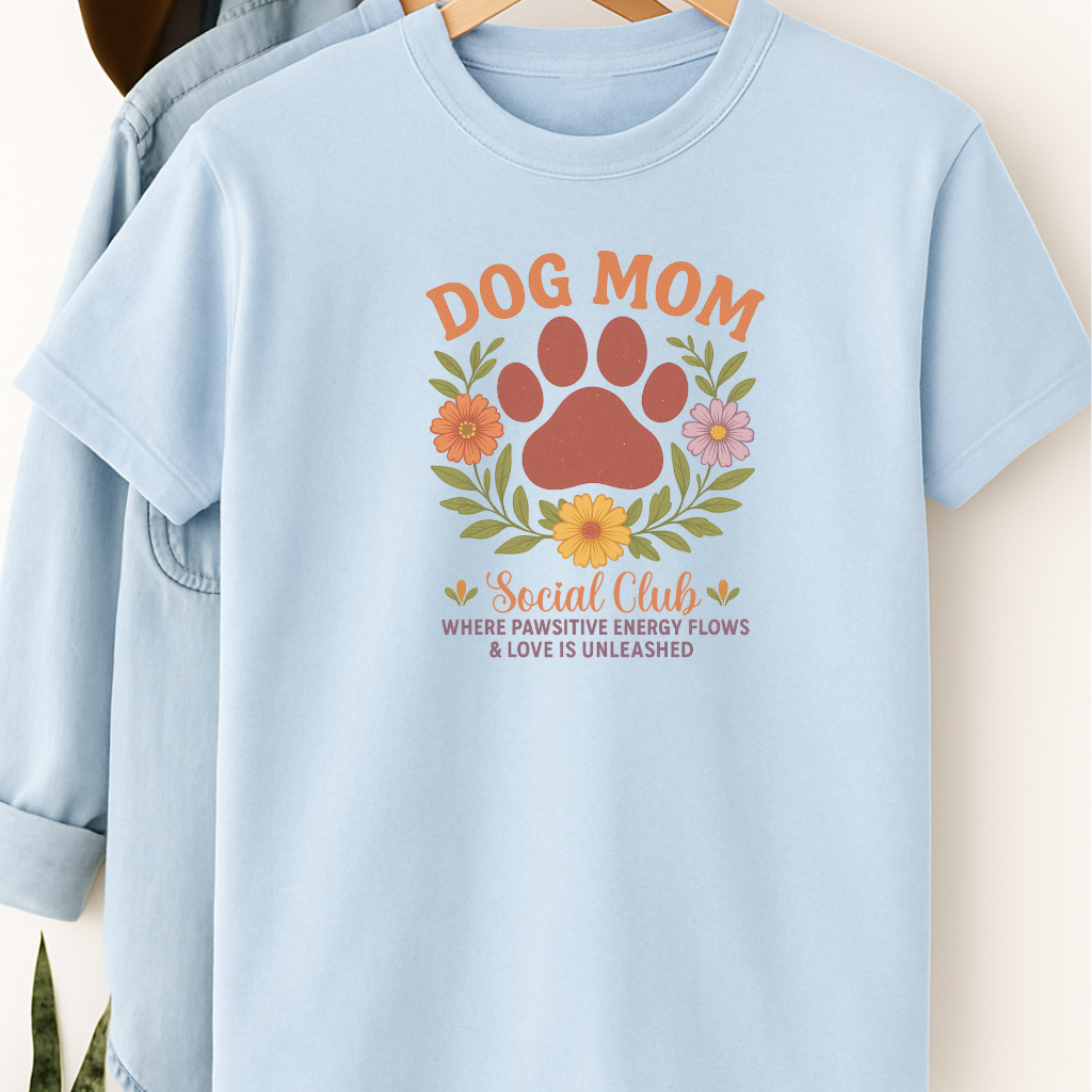 Dog Mom Social Club T-Shirt – Pawsitive Energy & Love Unleashed Floral Paw Design