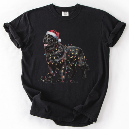 Black Newfoundland Christmas Lights Shirt, Cozy Holiday Tee for Gentle Giant Lovers