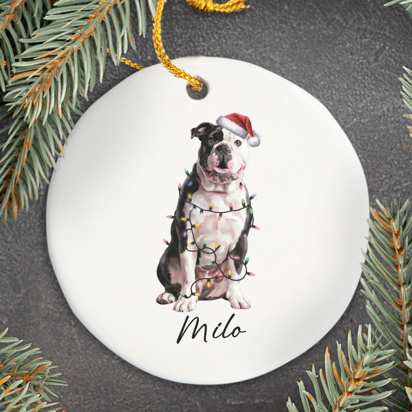 Personalized American Bulldog Christmas Ornament, Dog Name Holiday Decor