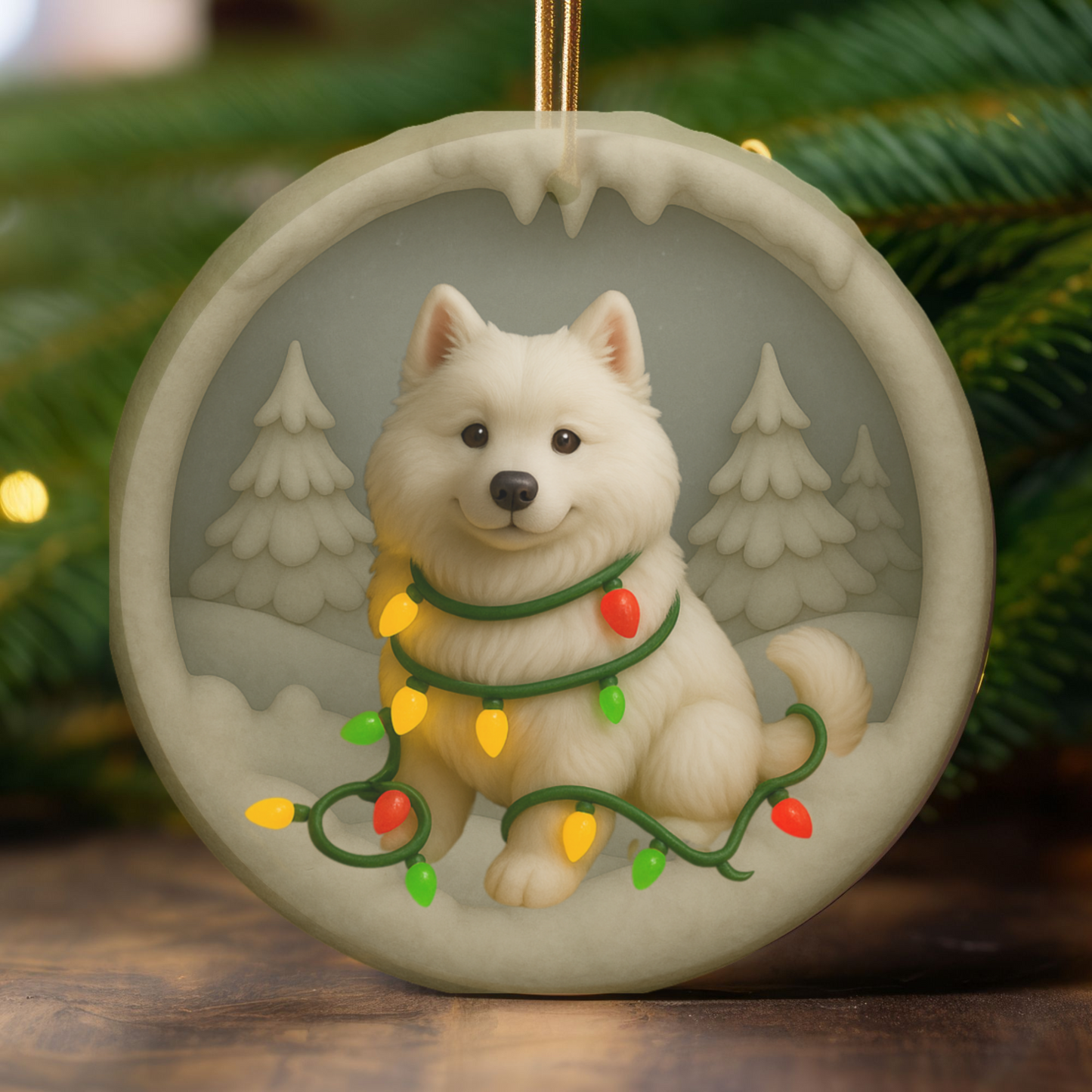Personalized Samoyed Christmas Ornament, 3D Clay-Style Dog Keepsake with Lights