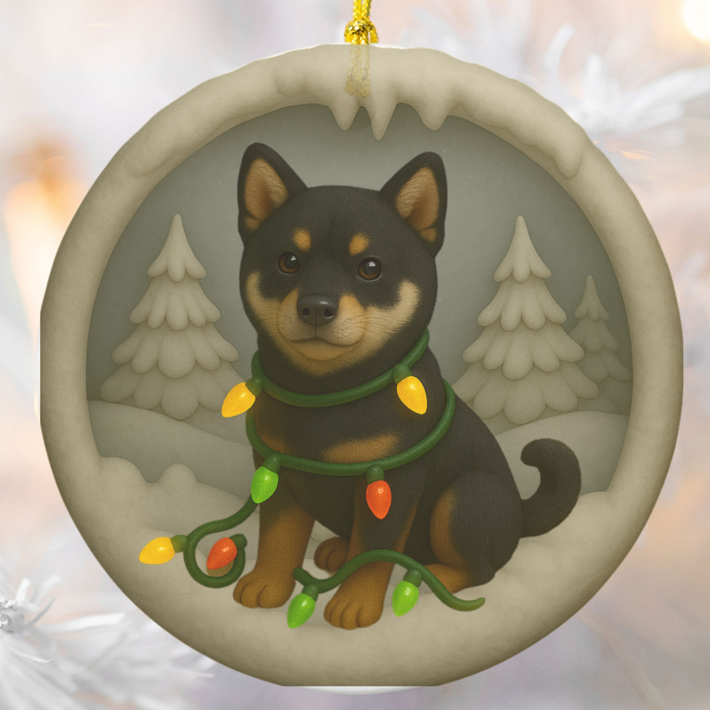 Personalized Black Shiba Inu Christmas Ornament, 3D Clay-Style Dog Keepsake with Lights