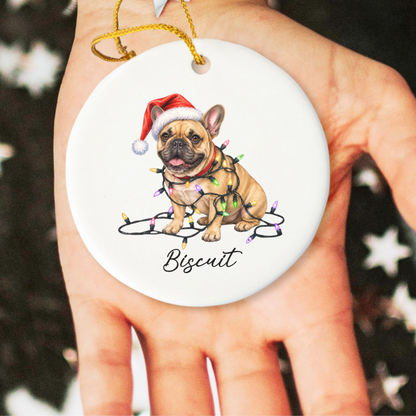 Personalized Fawn French Bulldog Ceramic Ornament, Dog Christmas Gift, Festive Lights Keepsake