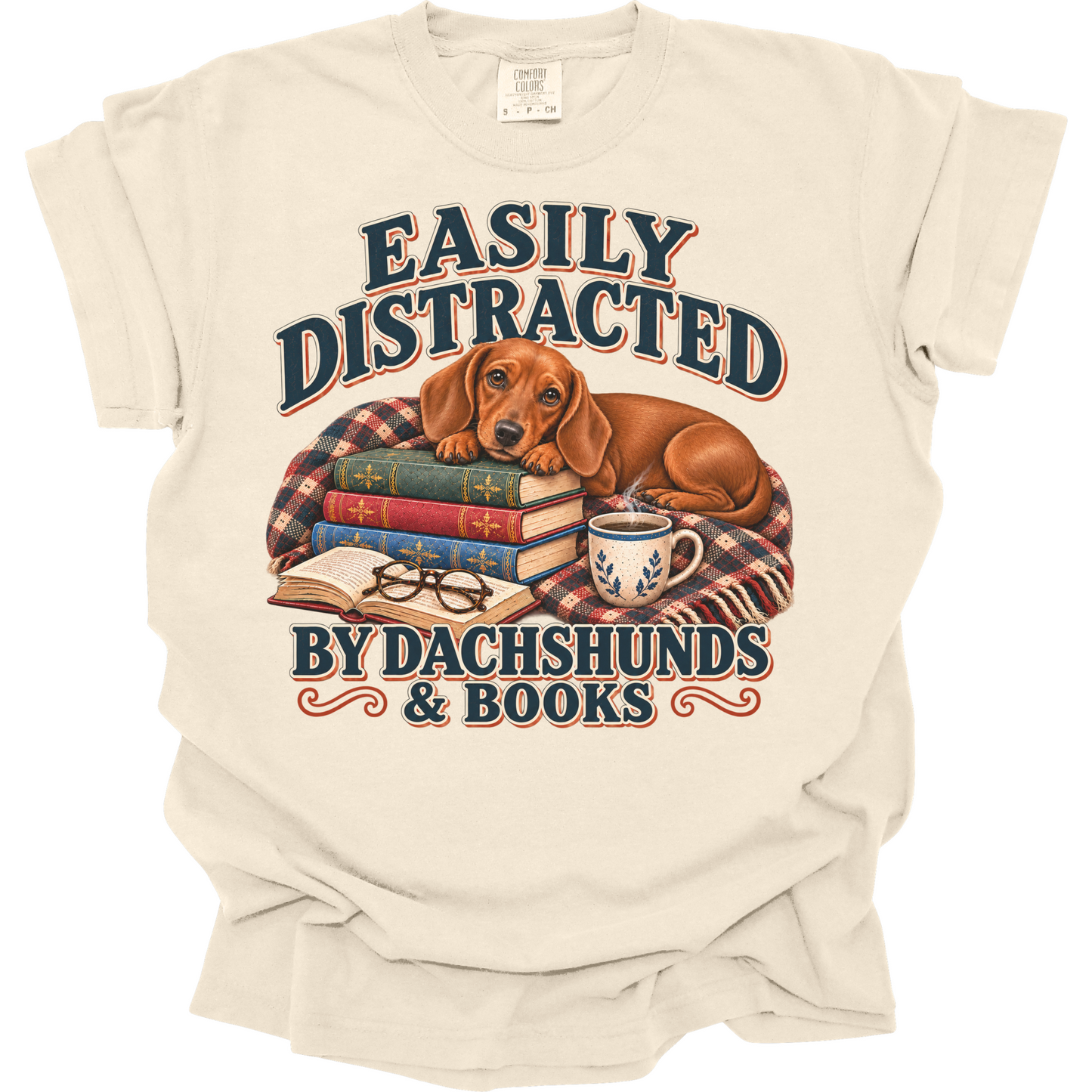 Red Dachshund Shirt, Easily Distracted by Dachshunds and Books, Doxie Mom Book Lover Tee