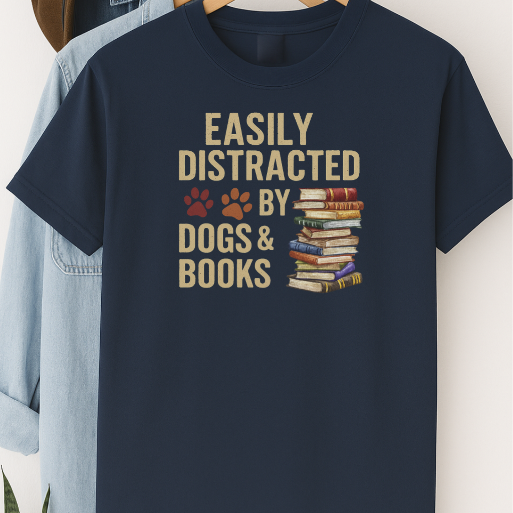 Easily Distracted by Dogs and Books Shirt Dog Lover Bookworm Tee Funny Dog Mom Gift Pet and Book Lover T-Shirt