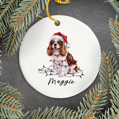Personalized Blenheim Cavalier King Charles Spaniel Christmas Ornament, Tangled Lights Ceramic Keepsake