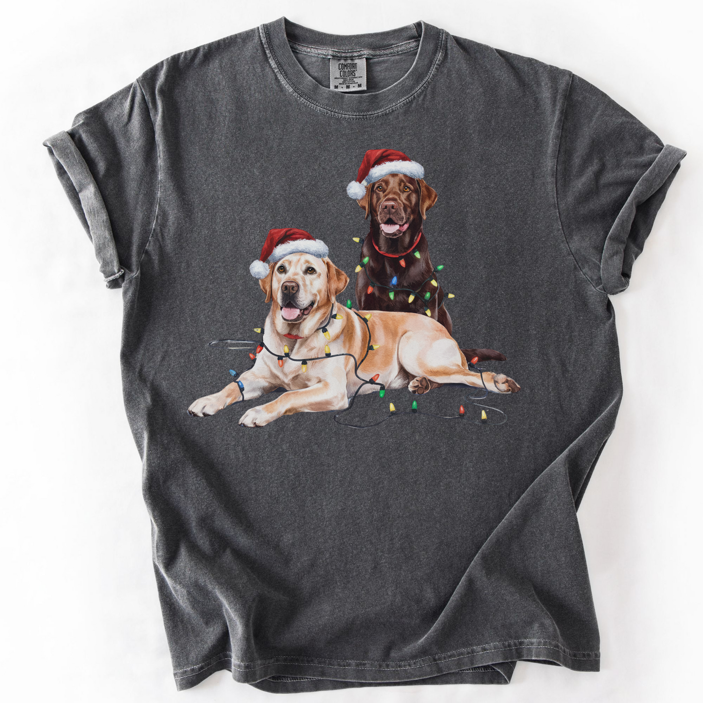 Yellow and Chocolate Labrador Christmas Shirt, Dog Santa Hat Tee, Festive Holiday Dog Art, Labrador Retriever Gift
