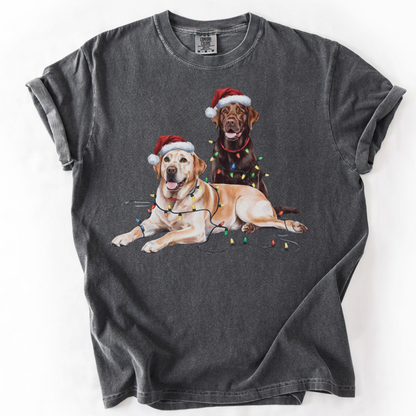 Yellow and Chocolate Labrador Christmas Shirt, Dog Santa Hat Tee, Festive Holiday Dog Art, Labrador Retriever Gift