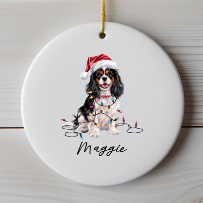 Personalized Tricolor Cavalier King Charles Spaniel Christmas Ornament, Ceramic Dog Lover Gift