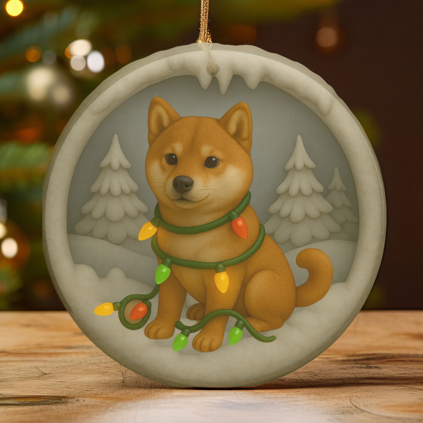 Personalized Red Shiba Inu Christmas Ornament, 3D Clay-Style Dog Keepsake with Lights