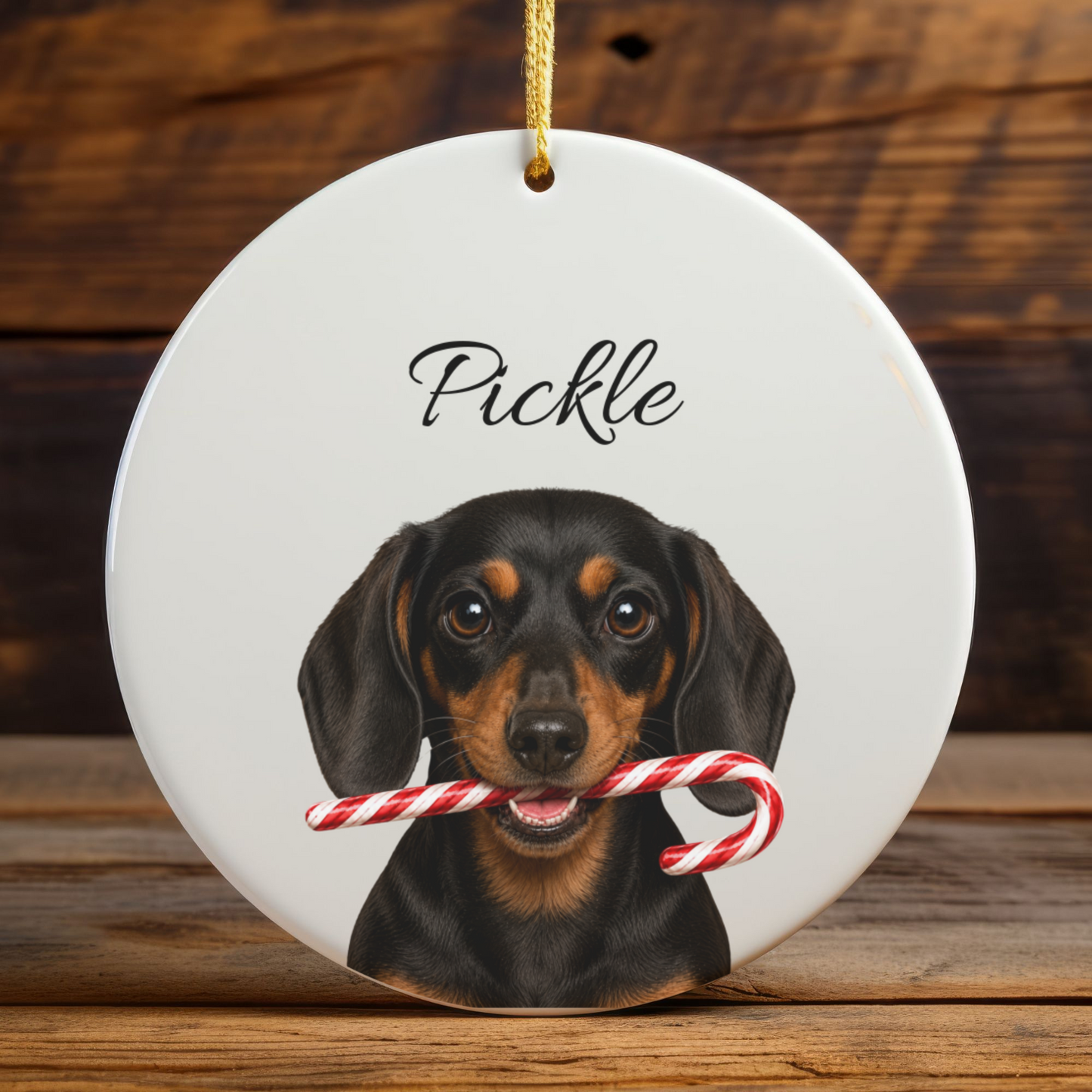 Personalized Black and Tan Dachshund Candy Cane Ornament