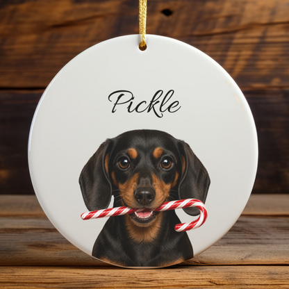 Personalized Black and Tan Dachshund Candy Cane Ornament
