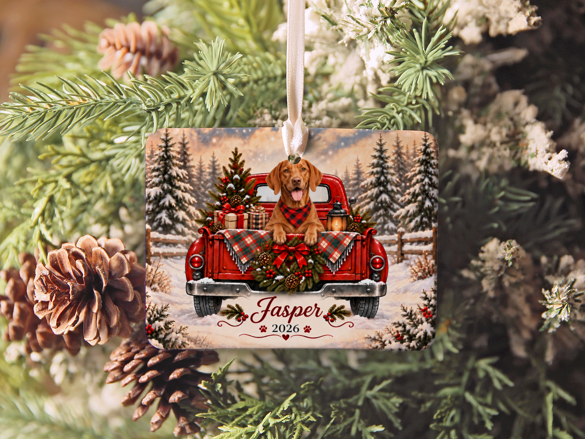 Personalized Vizsla Ornament, Christmas Red Truck, Custom Name and Year