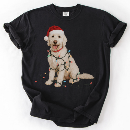 White Goldendoodle Christmas Lights T-Shirt, Comfort Colors Dog Lover Holiday Tee