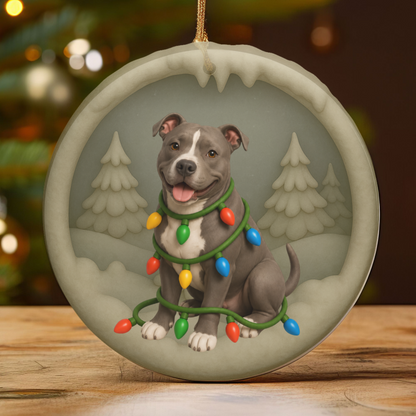 Pitbull Christmas Ornament, Personalized Pitbull Puppy with Holiday Lights, Custom Dog Lover Gift, Tree Decoration