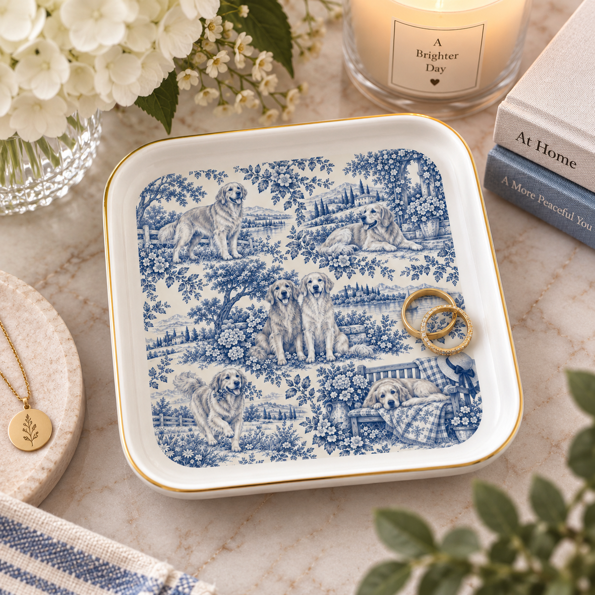 Golden Retriever Jewelry Dish, Blue Toile Dog Ring Dish, Golden Mom Gift, Trinket Tray