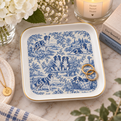Australian Shepherd Jewelry Dish, Blue Toile Aussie Ring Dish, Dog Mom Gift, Trinket Tray