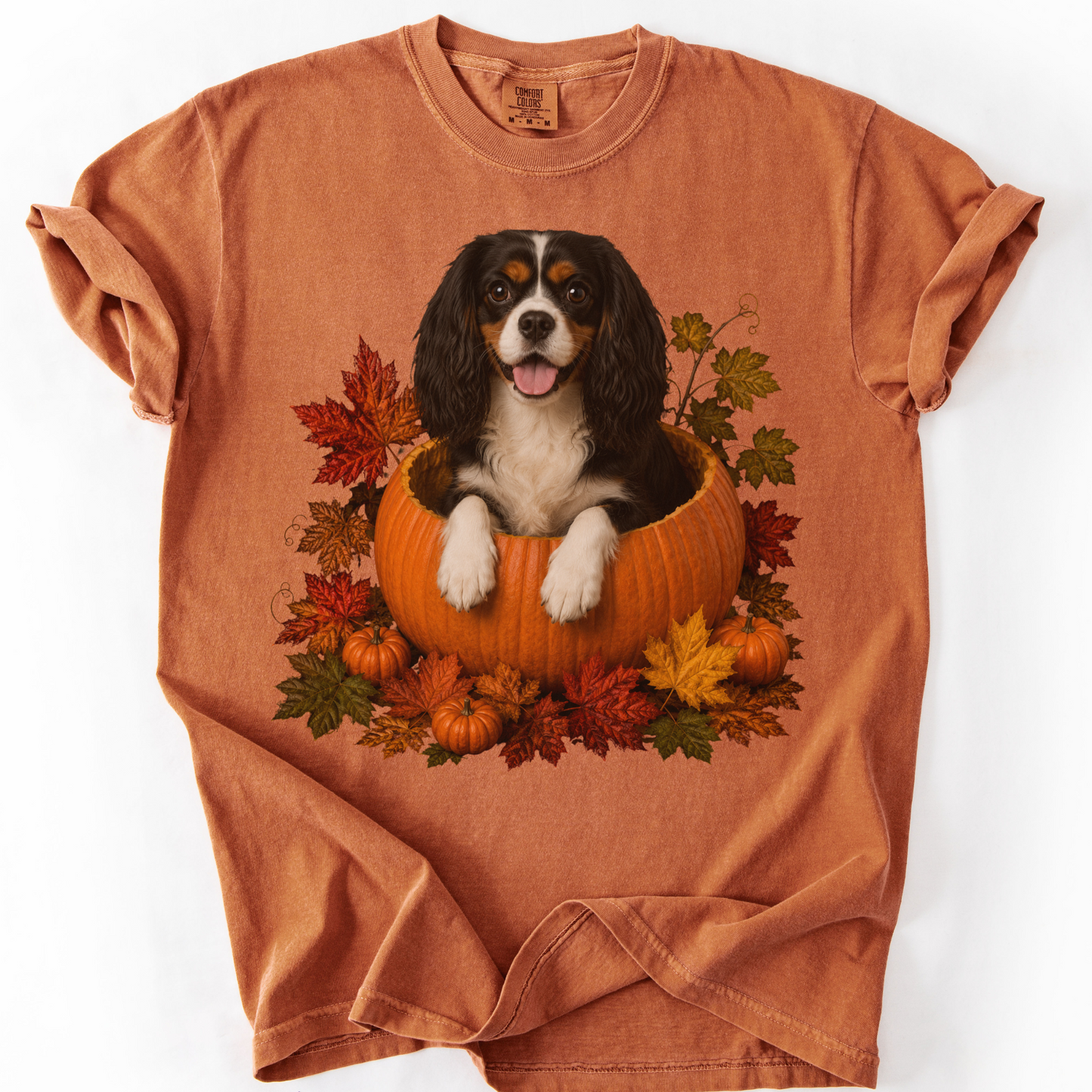 Tricolor Cavalier King Charles in Pumpkin Fall Shirt, Cute Autumn Dog Tee for Spaniel Moms