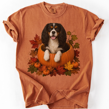 Tricolor Cavalier King Charles in Pumpkin Fall Shirt, Cute Autumn Dog Tee for Spaniel Moms