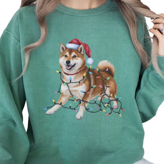 Christmas Shiba Inu Sweatshirt, Dog Tangled in Lights, Santa Hat Dog Lover Gift