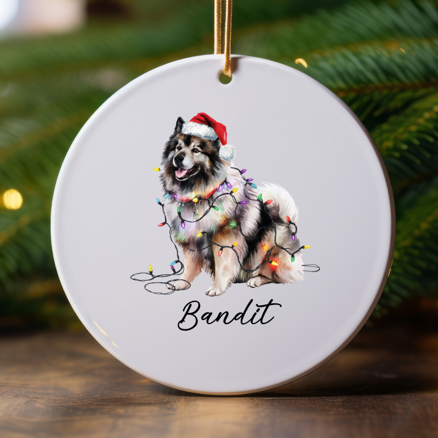 Personalized Keeshond Dog Ornament, Ceramic Christmas Tree Decor, Holiday Pet Keepsake