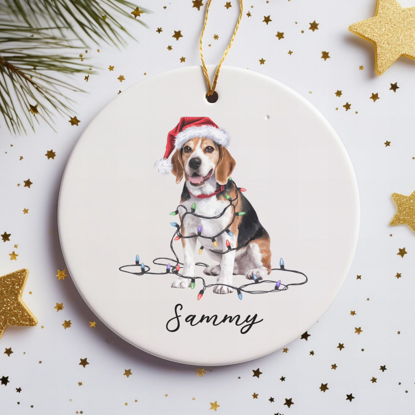 Personalized Beagle Christmas Ornament, Ceramic Dog Holiday Keepsake, Santa Hat Lights Beagle