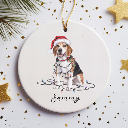 Personalized Beagle Christmas Ornament, Ceramic Dog Holiday Keepsake, Santa Hat Lights Beagle