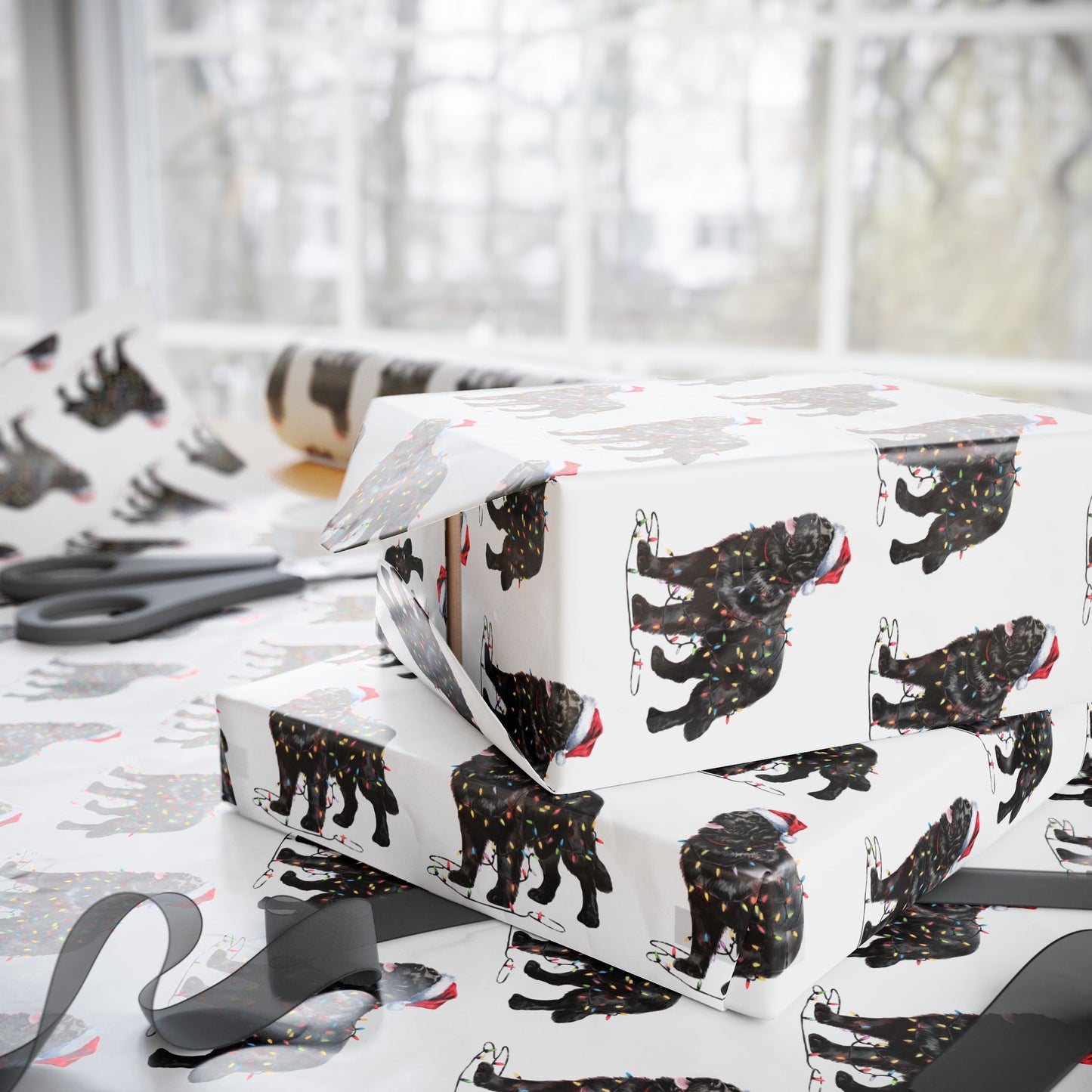 Black Newfoundland Christmas Lights Wrapping Paper
