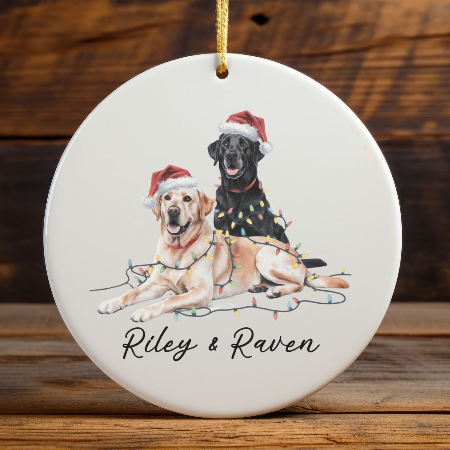 Personalized Yellow Black Lab Christmas Ornament, Festive Dog Lights, Ceramic Keepsake