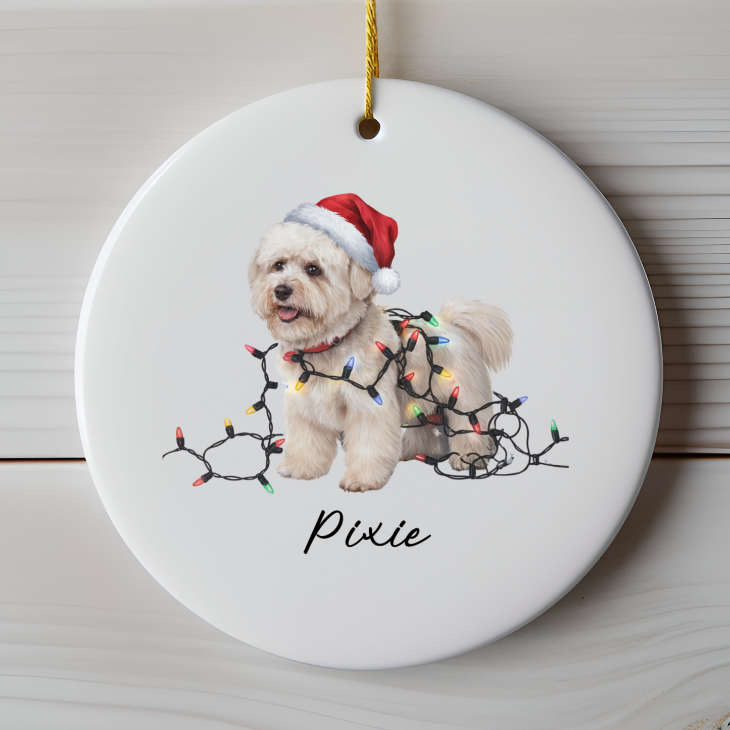 Personalized Bichon Frise Christmas Ornament, Ceramic Dog Santa Hat Lights Decoration