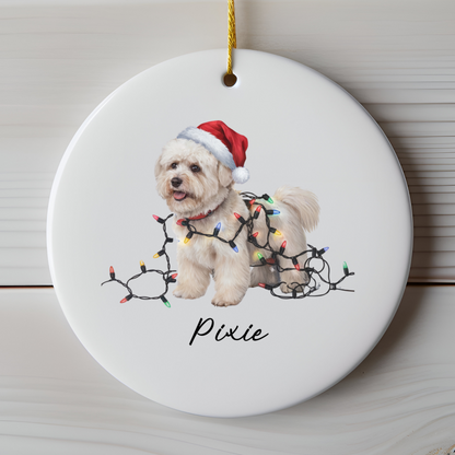 Personalized Bichon Frise Christmas Ornament, Ceramic Dog Santa Hat Lights Decoration