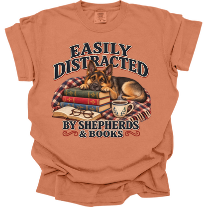 German Shepherd Shirt, Easily Distracted by Shepherds and Books, Dog Mom Book Lover Tee