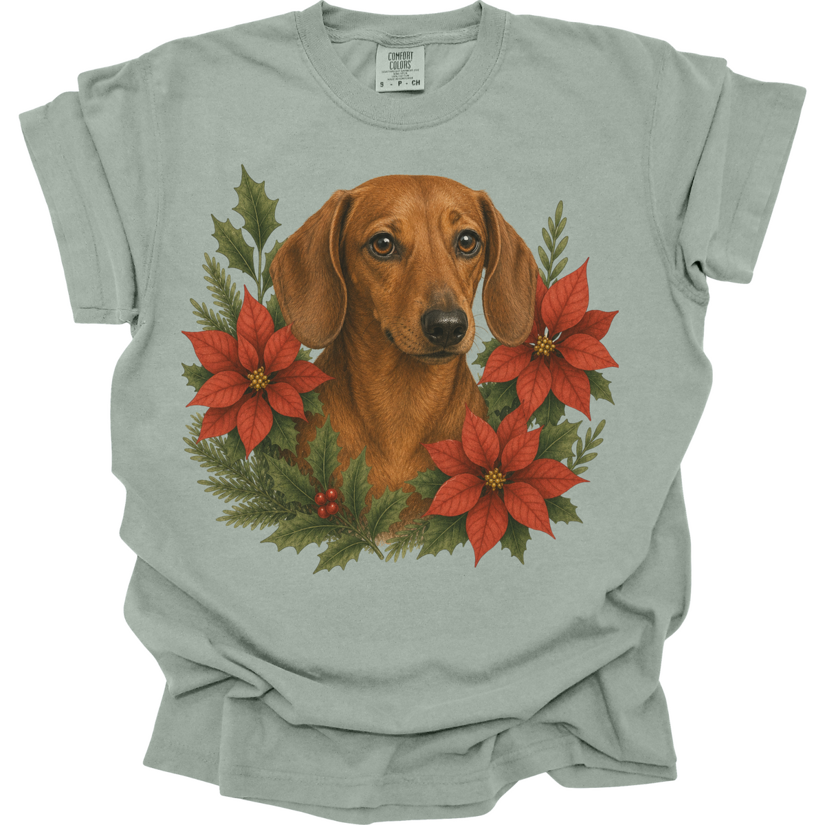 Red Dachshund Christmas Shirt, Poinsettia Doxie Mom Holiday Tee