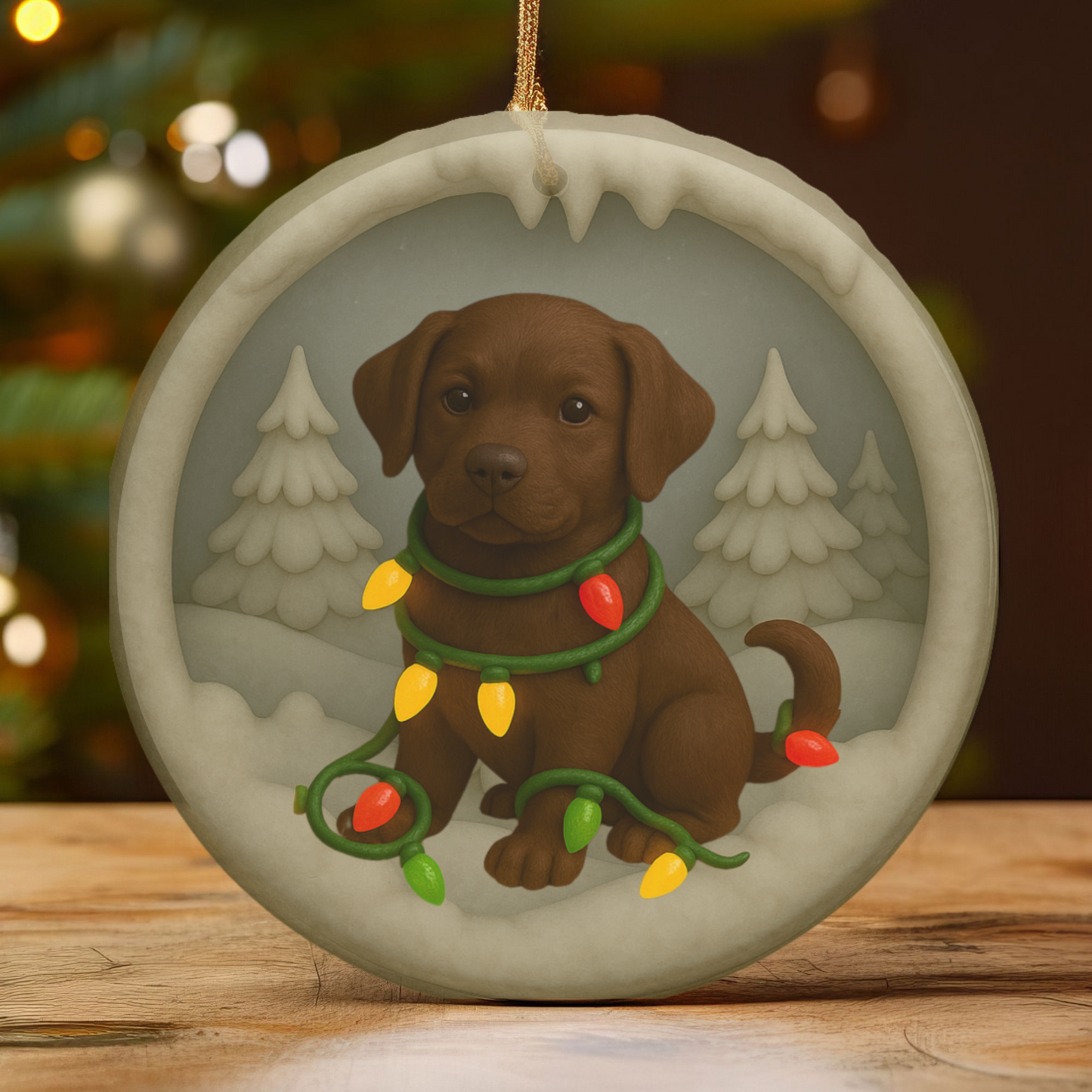Personalized Chocolate Lab Christmas Ornament, Custom Labrador Retriever with Holiday Lights Keepsake