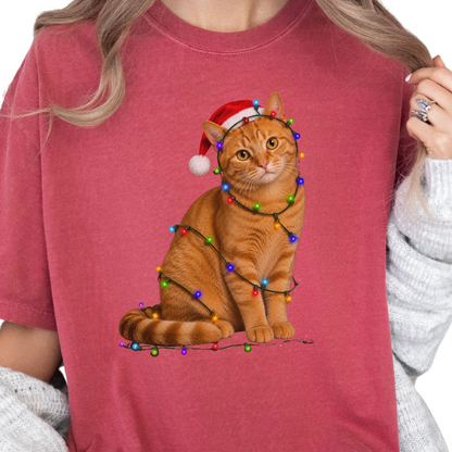 Orange Tabby Christmas Lights Shirt, Comfort Colors Holiday Cat Lover Tee