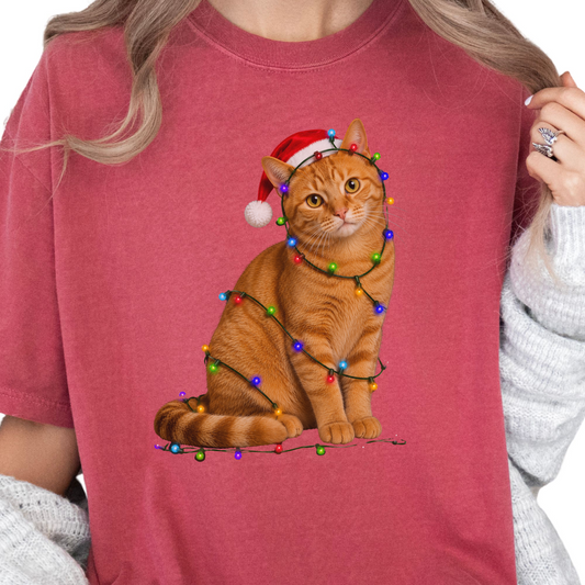 Orange Tabby Christmas Lights Shirt, Comfort Colors Holiday Cat Lover Tee
