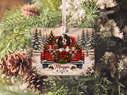 Personalized Tricolor Cavalier Ornament, Christmas Red Truck, Custom Name and Year