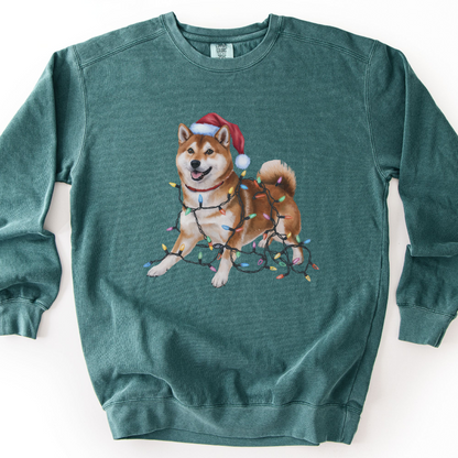 Christmas Shiba Inu Sweatshirt, Dog Tangled in Lights, Santa Hat Dog Lover Gift