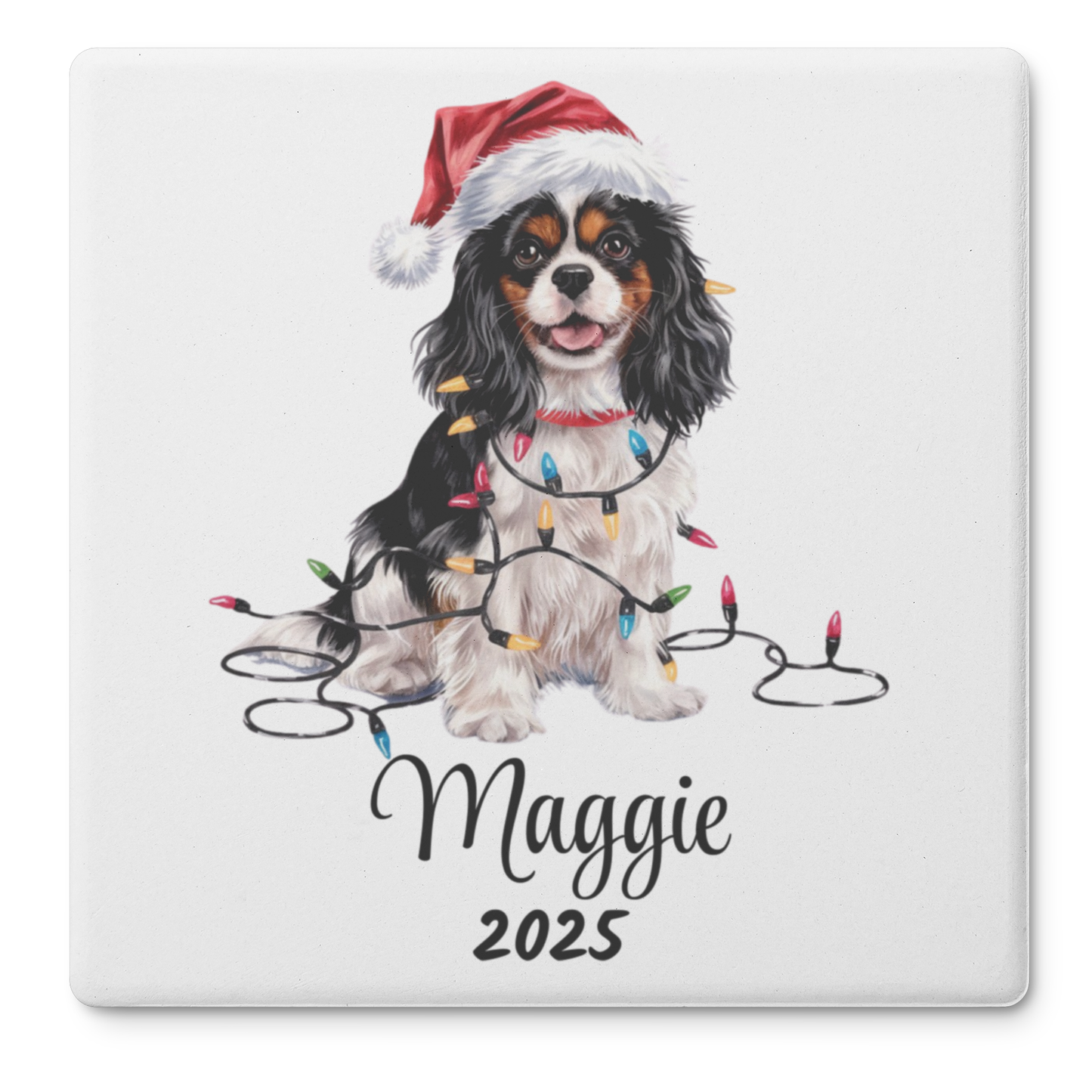 Personalized Tri-Color Cavalier King Charles Spaniel Christmas Coaster Set