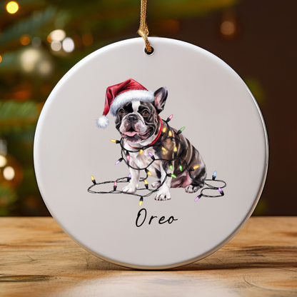Personalized Black French Bulldog Ceramic Ornament, Dog Christmas Gift, Festive Lights Keepsake