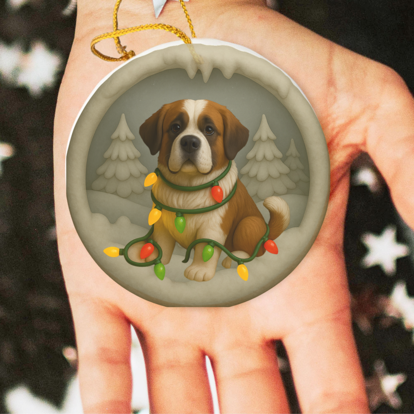 Personalized Saint Bernard Christmas Ornament, 3D Clay-Style Dog Keepsake with Lights