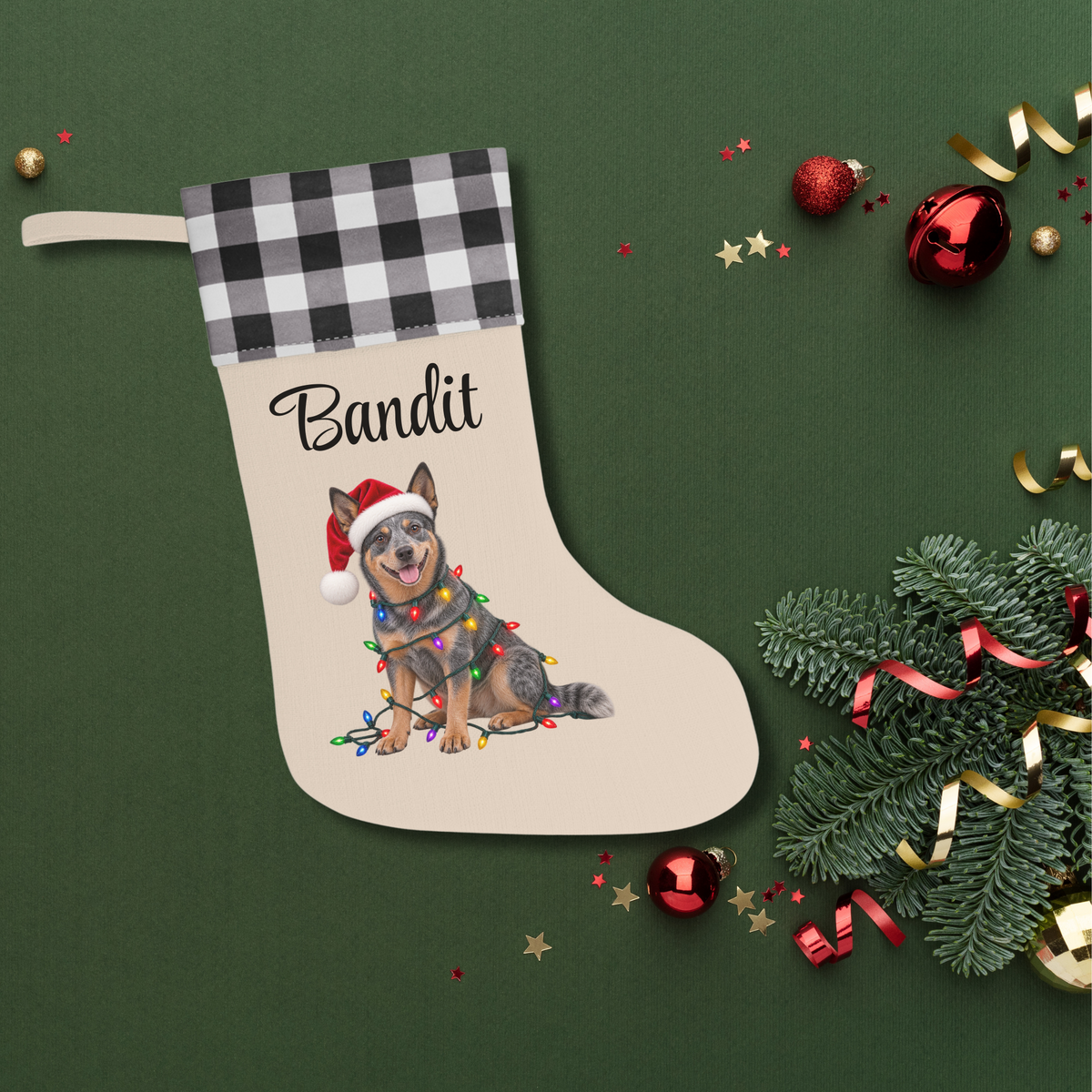 Australian Cattle Dog Personalized Christmas Stocking, Custom Blue Heeler Holiday Stocking, Dog Lover Gift