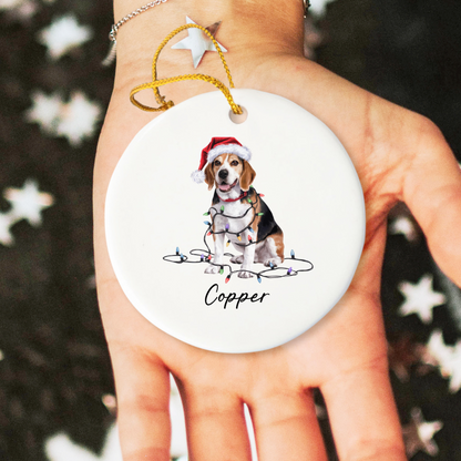 Personalized Beagle Christmas Ornament, Ceramic Dog Holiday Keepsake, Santa Hat Lights Beagle