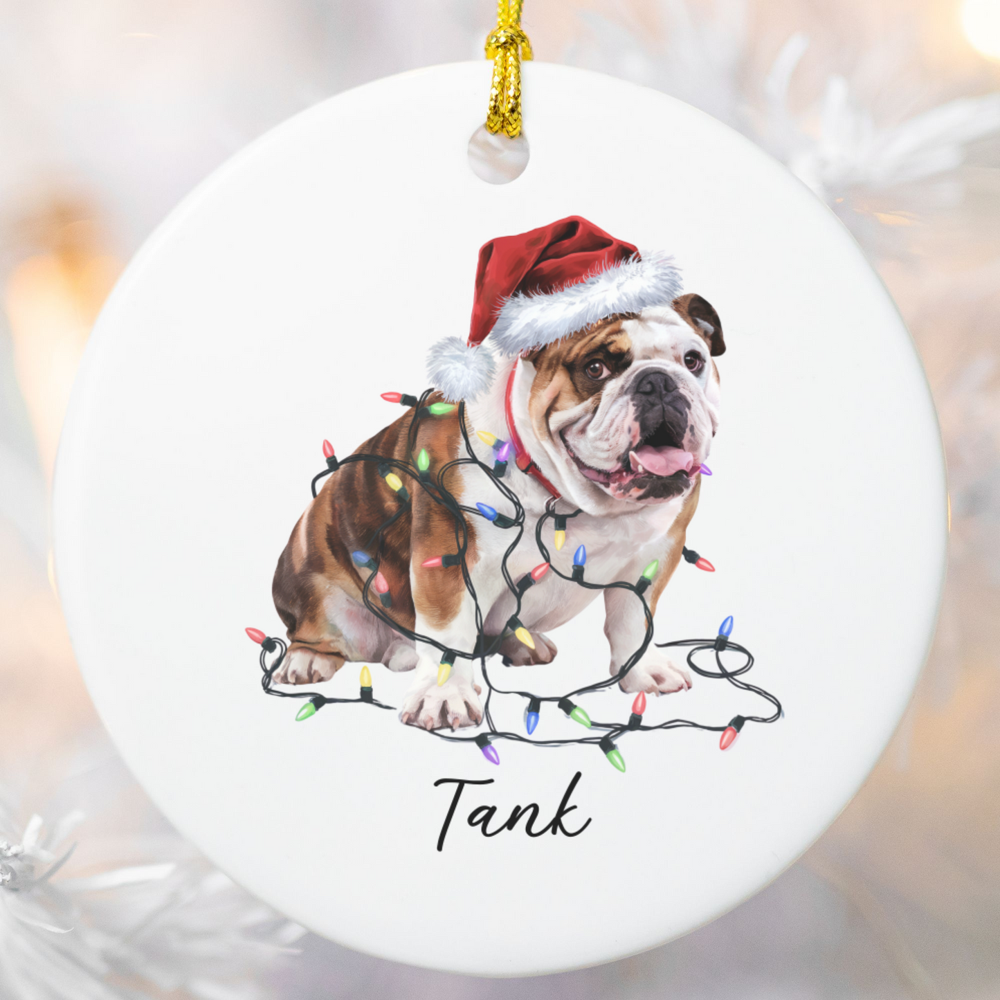 Personalized Bulldog Christmas Ornament, Ceramic Dog Lover Keepsake, Festive Lights Decoration
