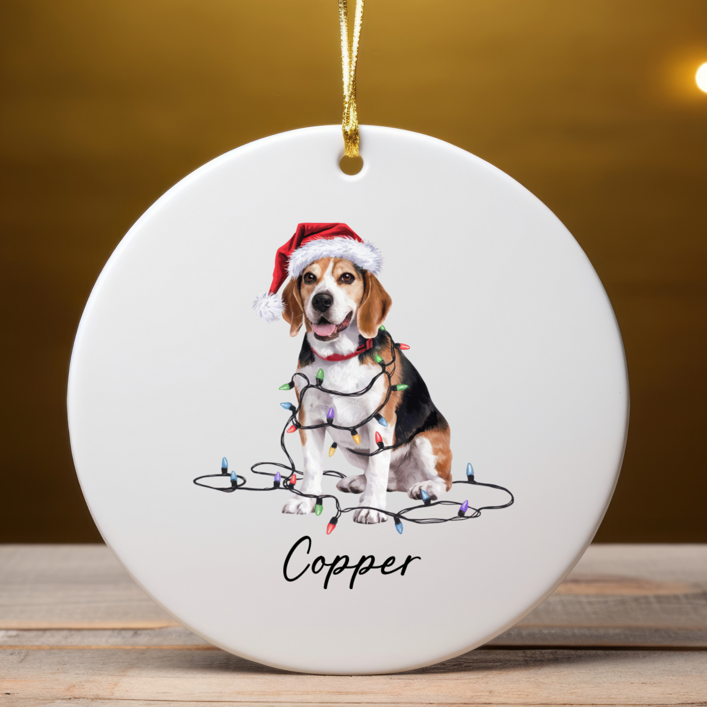 Personalized Beagle Christmas Ornament, Ceramic Dog Holiday Keepsake, Santa Hat Lights Beagle