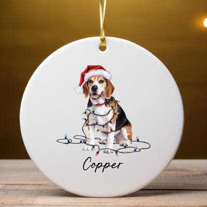 Personalized Beagle Christmas Ornament, Ceramic Dog Holiday Keepsake, Santa Hat Lights Beagle