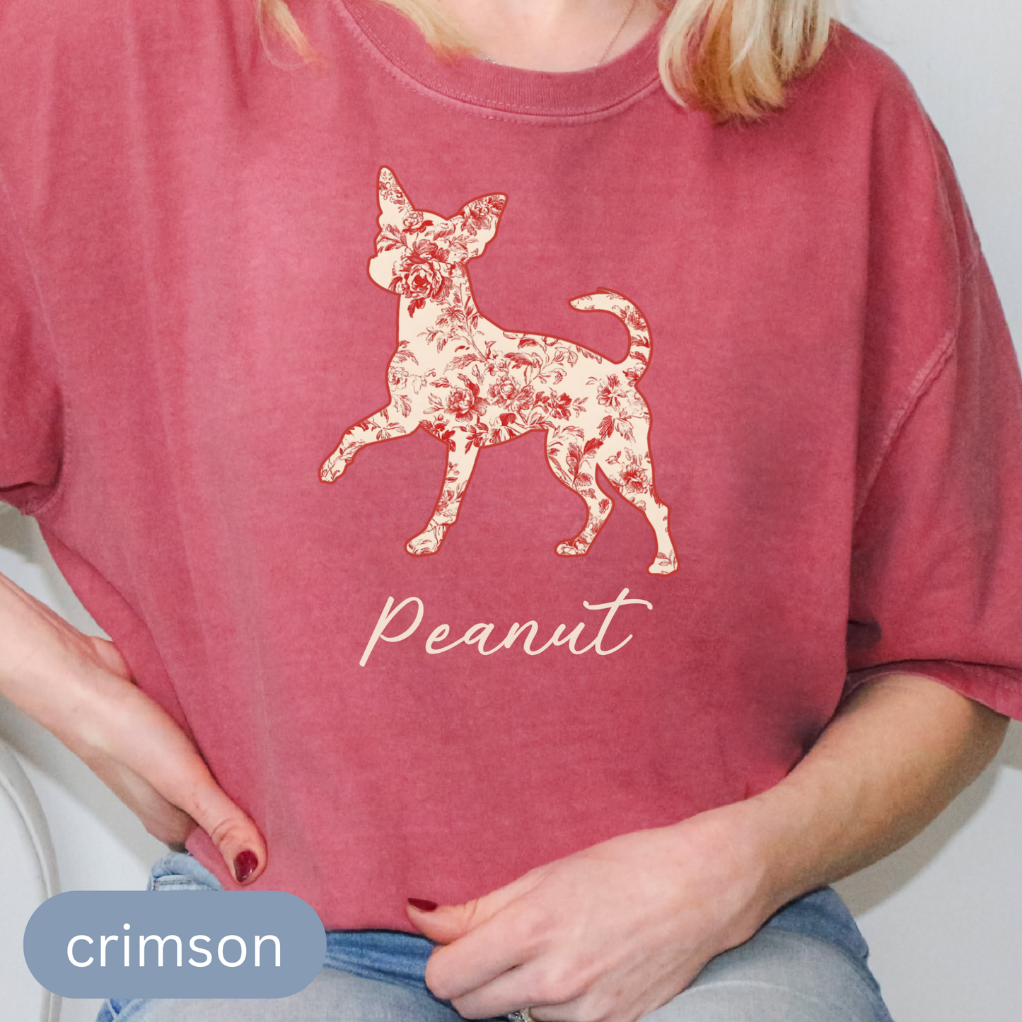 Personalized Chihuahua Silhouette Shirt with Name, Custom Floral Pet T-Shirt Gift for Dog Lovers, Toile Comfort Color Tee, Chinoiserie Shirt