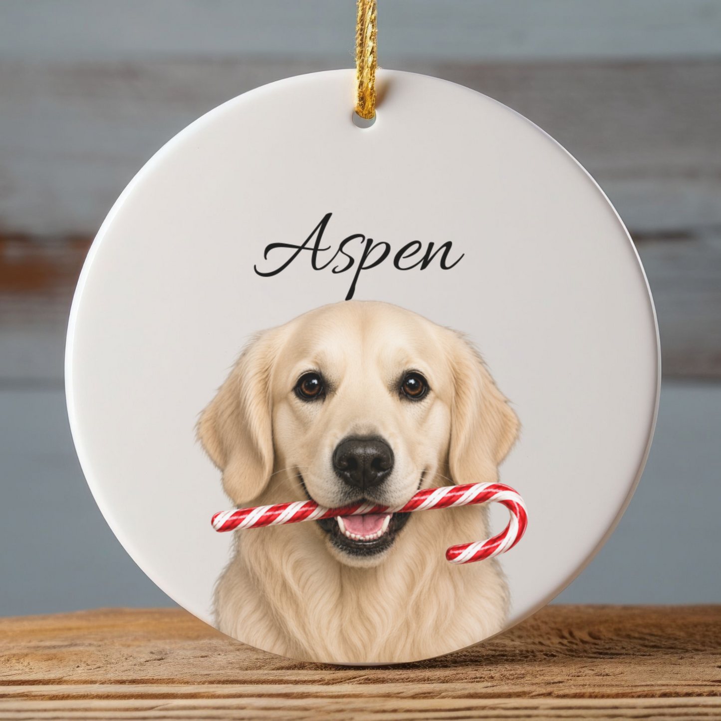 Personalized English Cream Golden Retriever Candy Cane Ornament